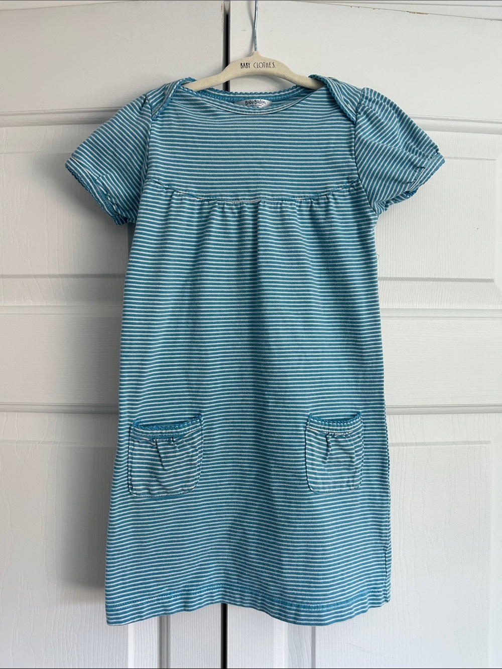 Baby Boden Teal and White Striped Knit Top